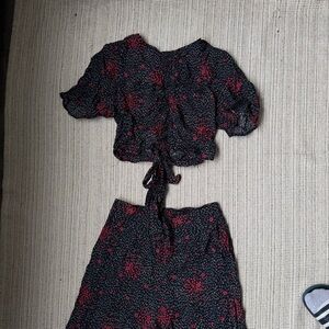 Never Worn Free People Navy Floral Two-Piece Set with Red Accents